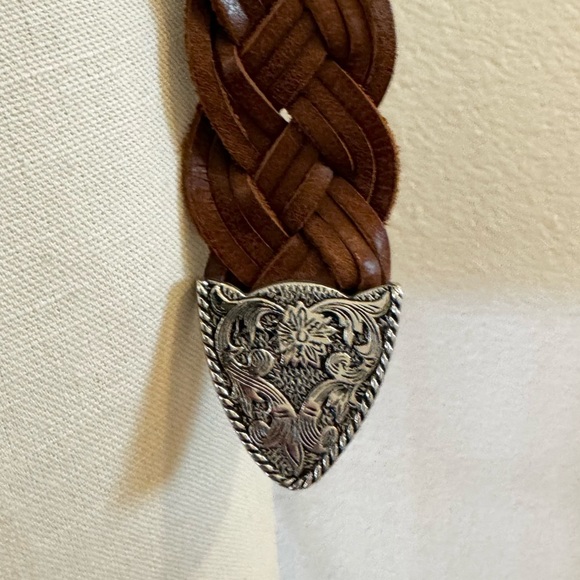 Vintage Brown Leather Woven Belt w/ Silver Buckle - Picture 4 of 6